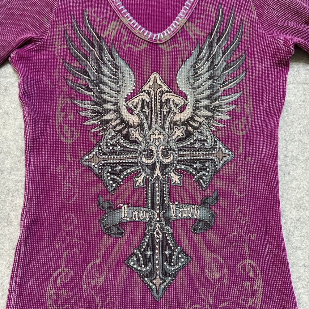 Vocal Purple Thermal Tunic Top Rhinestone Cross Wings Large Y2K Grunge Goth Rock - Picture 10 of 12